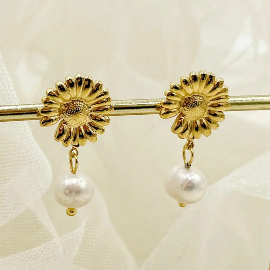 New 18k Gold Plated Stainless Steel Sunflower Pearl Drop Earrings.